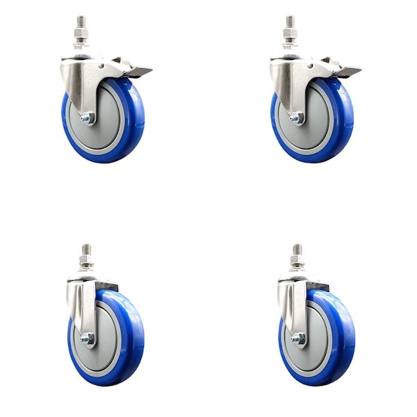 Service Caster 5 Inch 316SS Blue Polyurethane 1/2 Inch Threaded Stem Caster Lock Brake SCC, 2PK SS316TSTTL20S514-PPUBBLUE-121315-2S2 - main